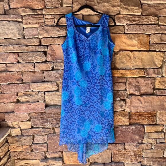 VTG Y2K 10 Asymmetrical Blue Floral High Low Midi Tank Dress 90s Fairy Whimsy - Picture 1 of 13